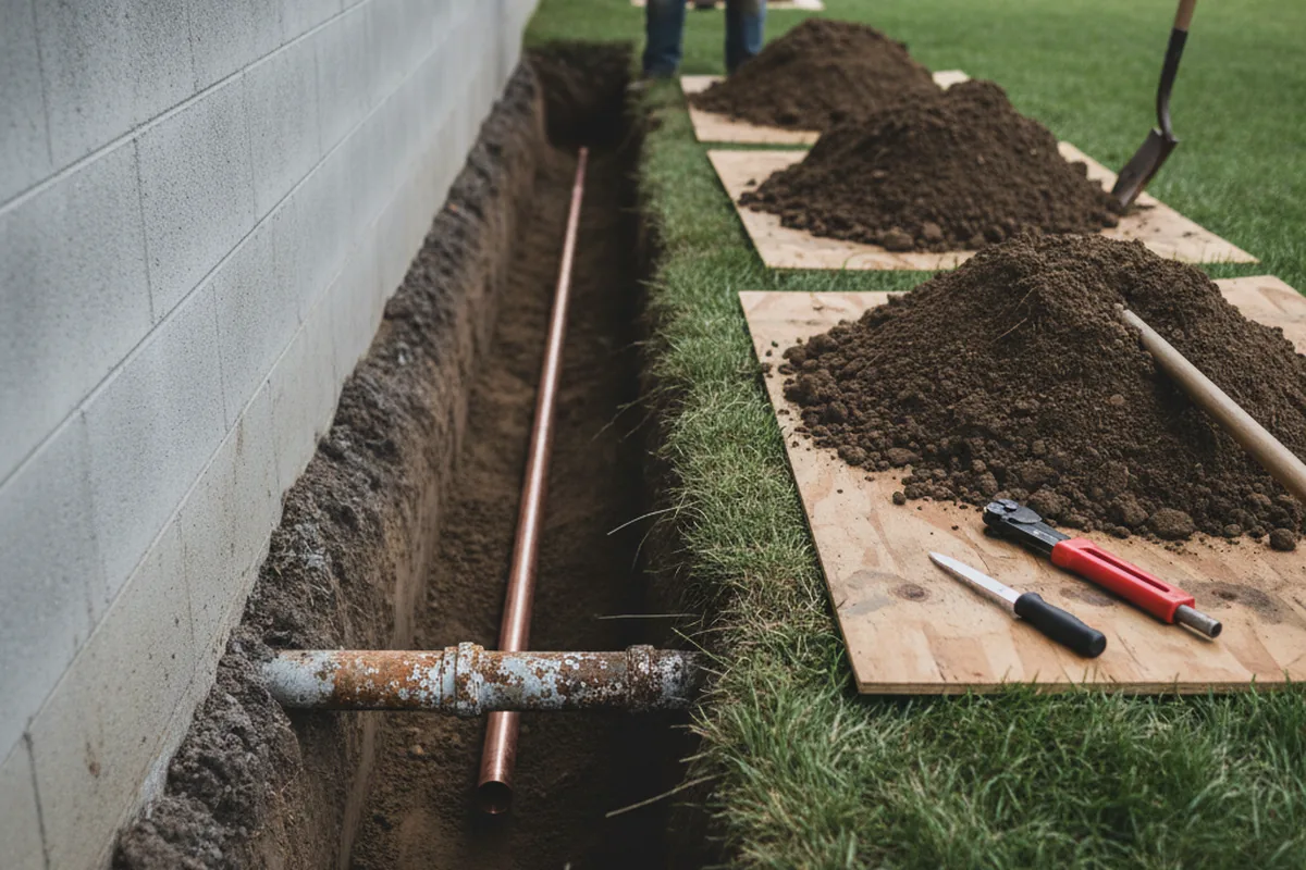 Excavated water line trench during Water Softener Installation in Welaka